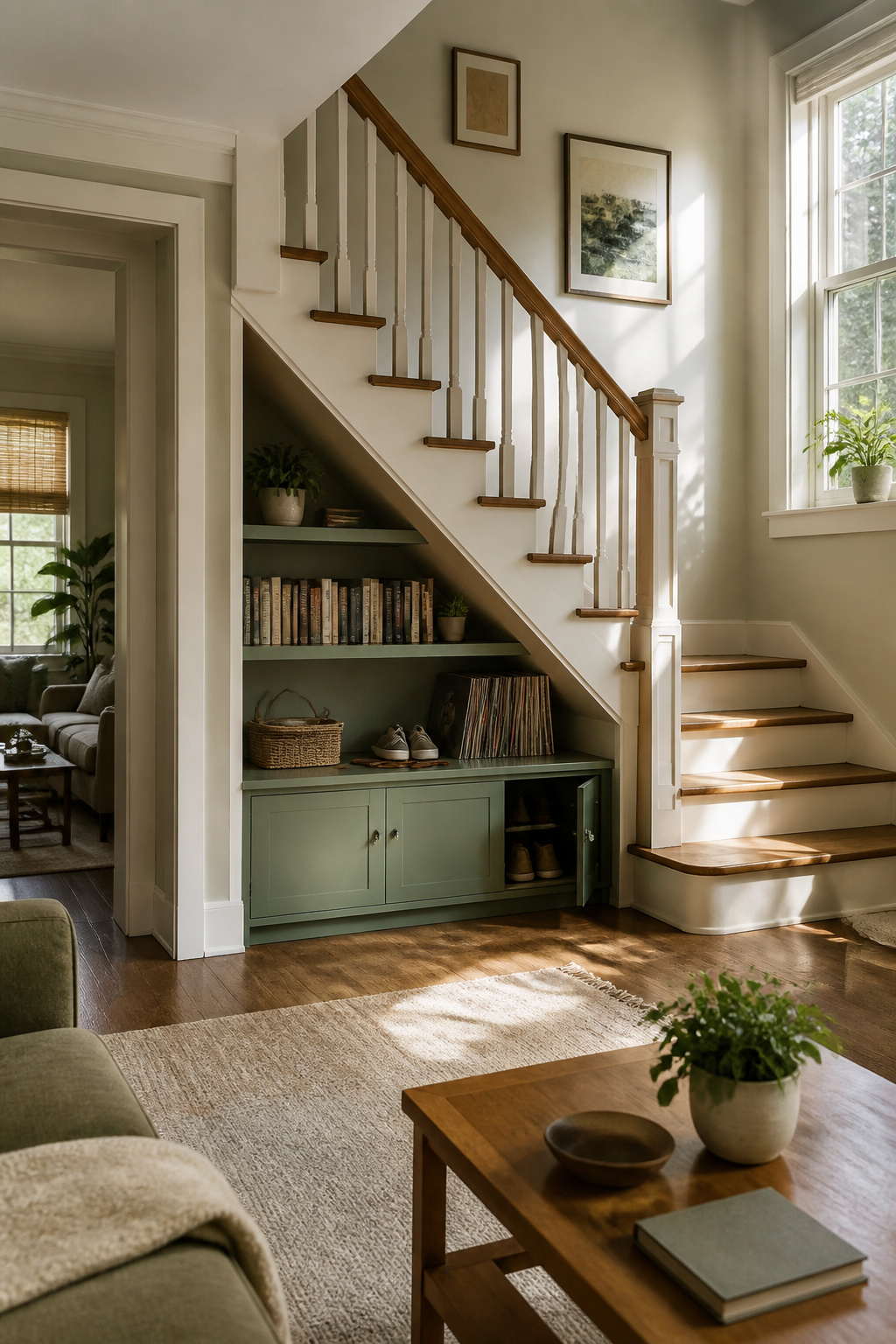 Shelves and storage solutions fitted under a staircase.