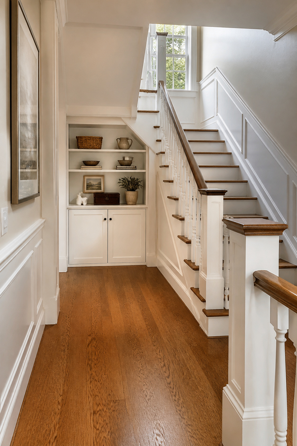 A shallow bookcase and cabinet combo on a stair landing, filled with items.