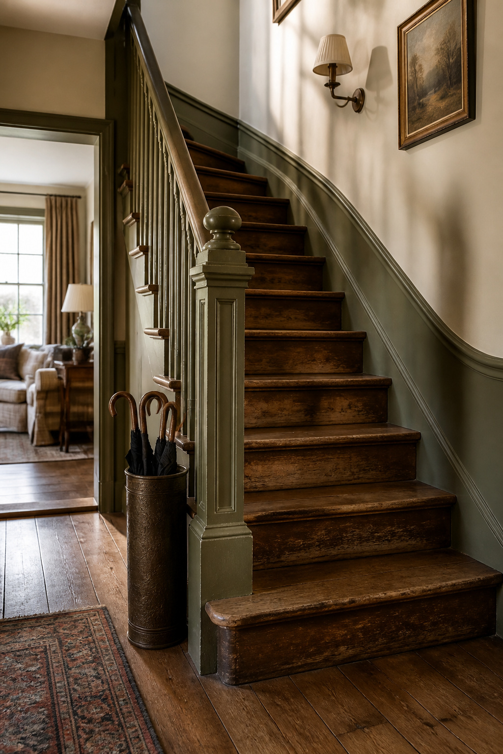 A staircase with worn wooden treads and a sage green banister.