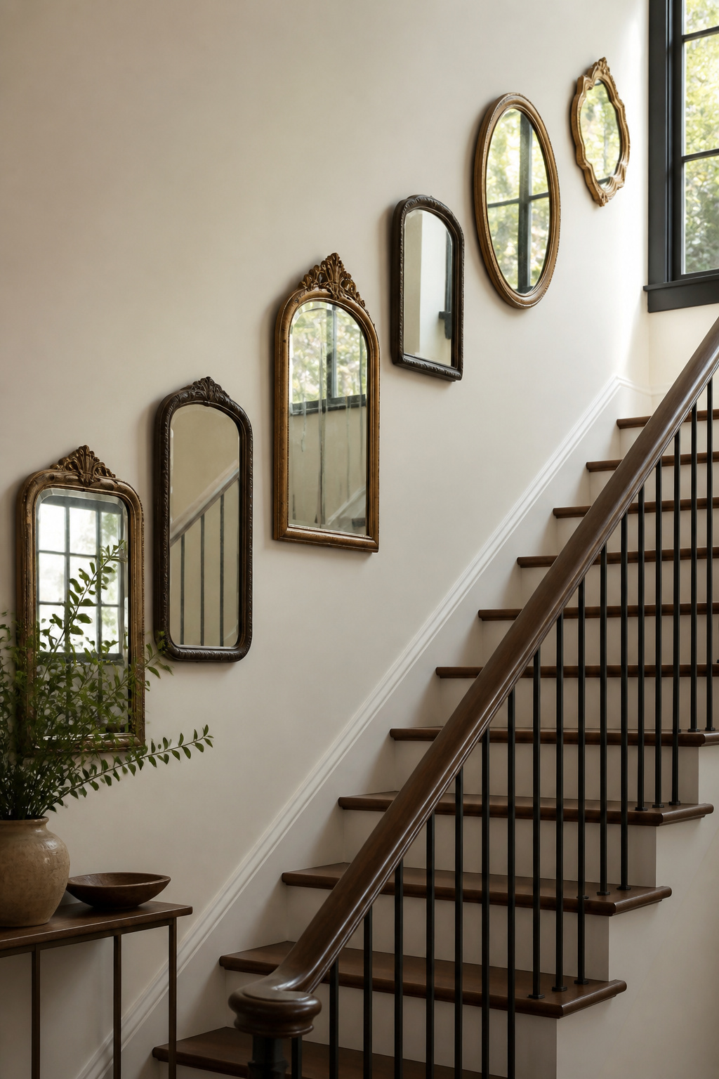 A collection of vintage mirrors hung in a staggered pattern on a stair wall.