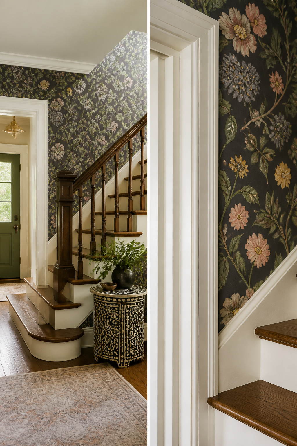 Wallpaper extending from the foyer up the stair wall, aligned with the door frame.