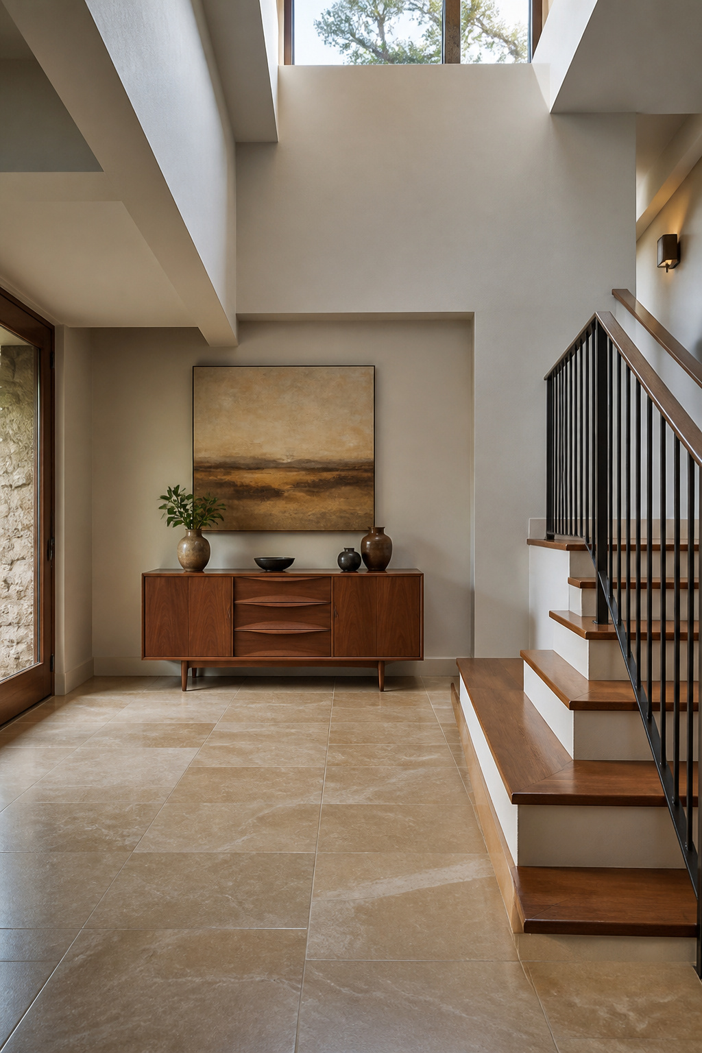 A midcentury sideboard placed on a stair landing, decorated with antiques.