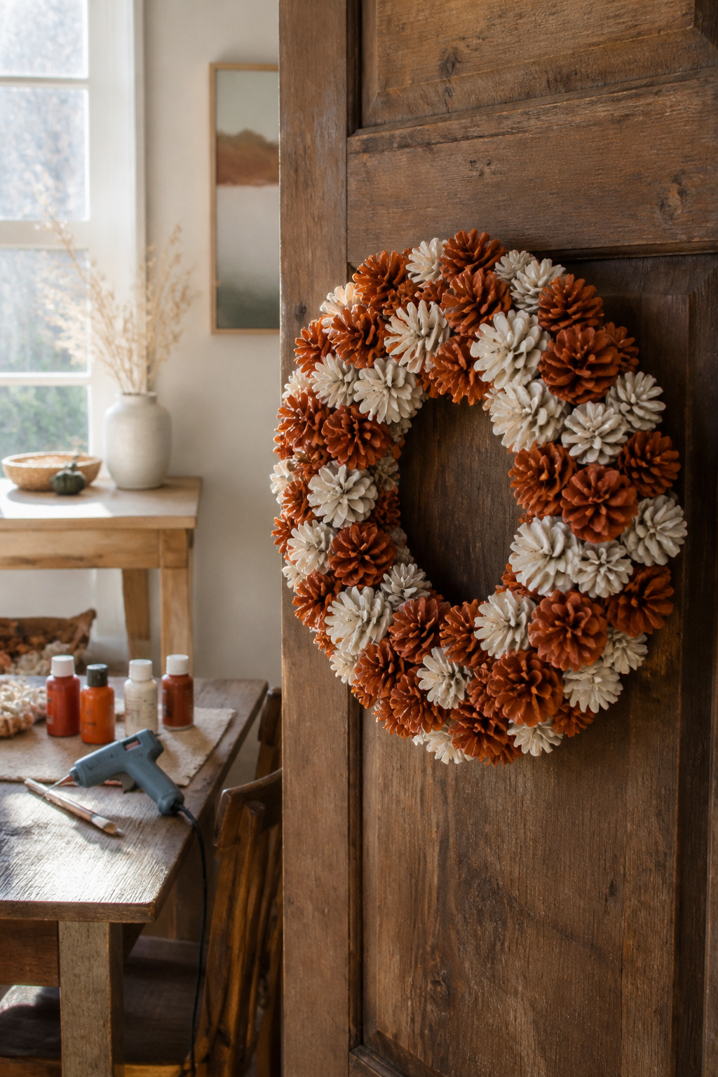 39 DIY Decor Ideas to Refresh Your Home for 2026 1 A wreath made of painted pinecones on a wooden door.
