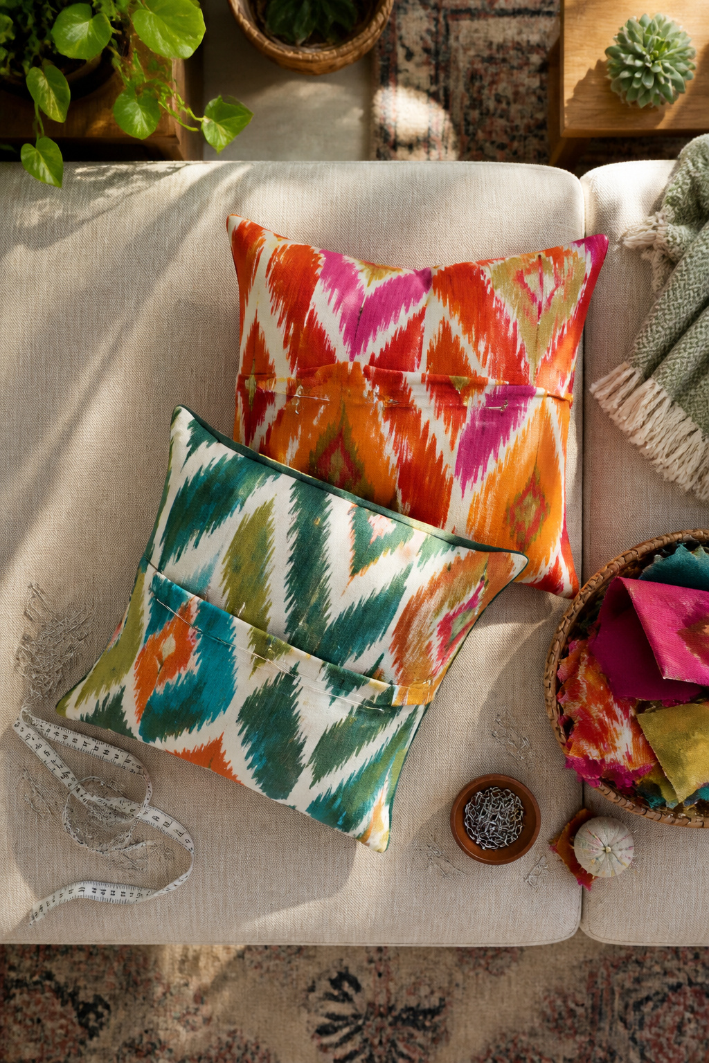 39 DIY Decor Ideas to Refresh Your Home for 2026 11 Cushion covers made without sewing on a sofa.