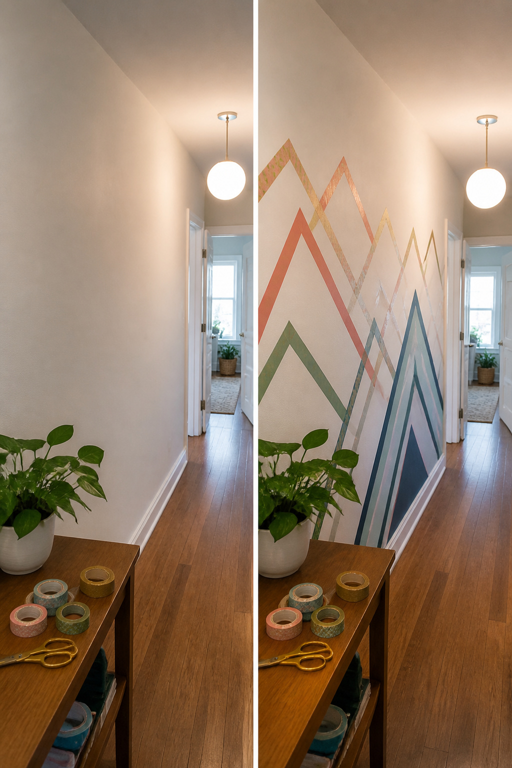 39 DIY Decor Ideas to Refresh Your Home for 2026 12 Geometric designs made of washi tape on a wall.