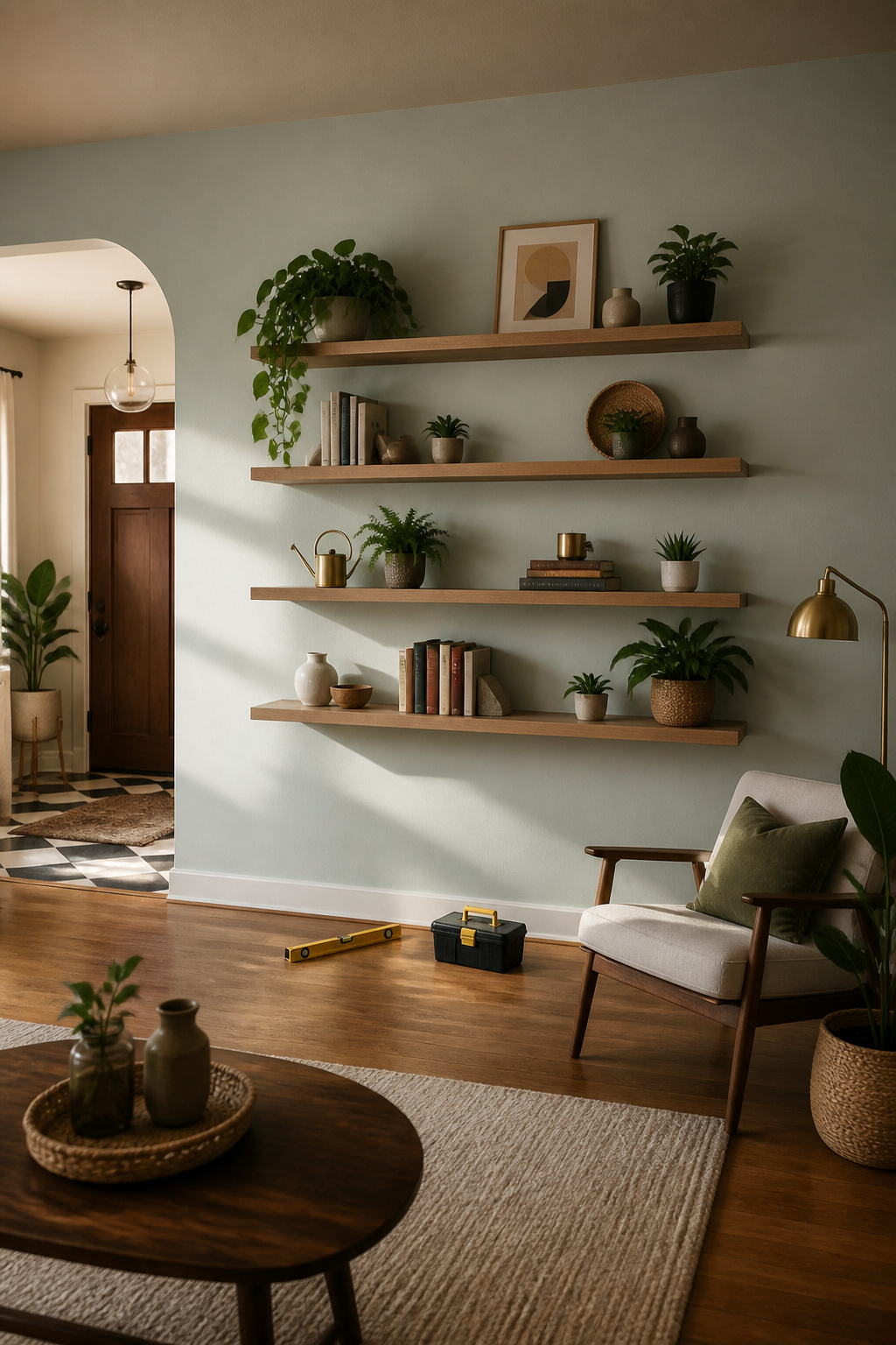 39 DIY Decor Ideas to Refresh Your Home for 2026 15 Floating shelves holding books and decorative items.