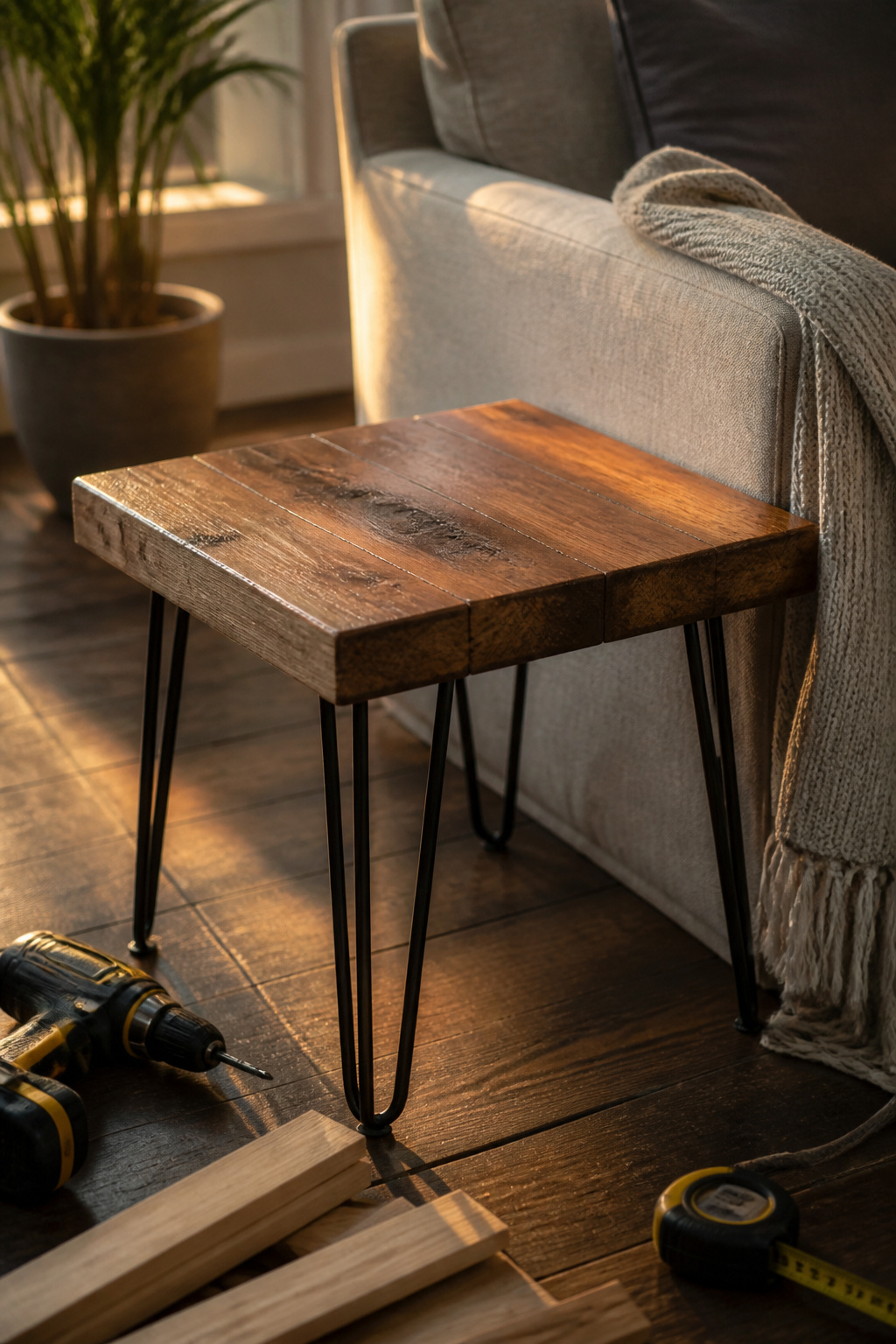 39 DIY Decor Ideas to Refresh Your Home for 2026 17 A rustic end table made from lumber and hairpin legs.