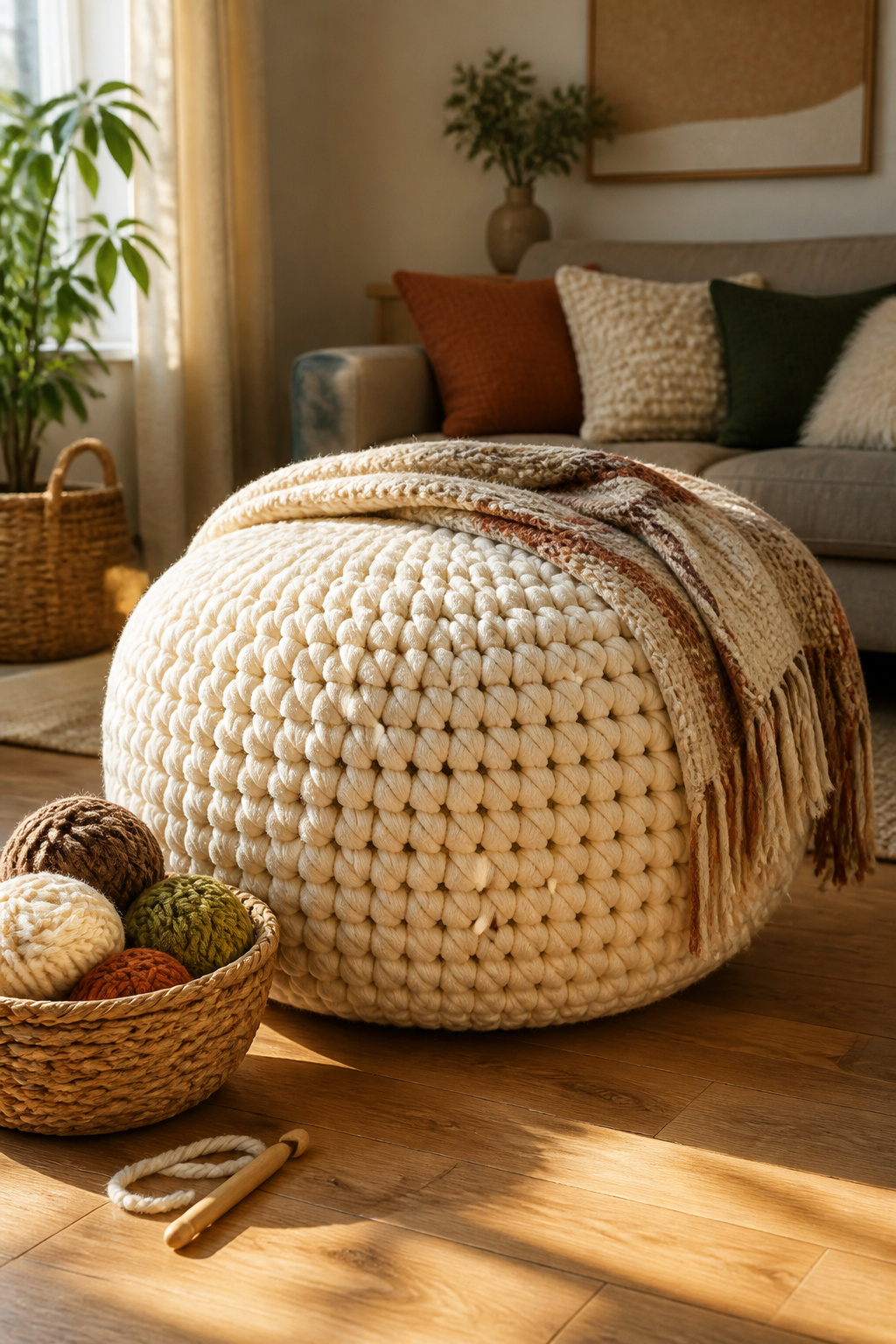 39 DIY Decor Ideas to Refresh Your Home for 2026 2 A colorful crocheted pouf on a floor.