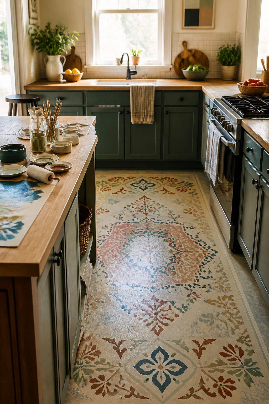 39 DIY Decor Ideas to Refresh Your Home for 2026 20 A painted vinyl floor cloth laid out on the floor.