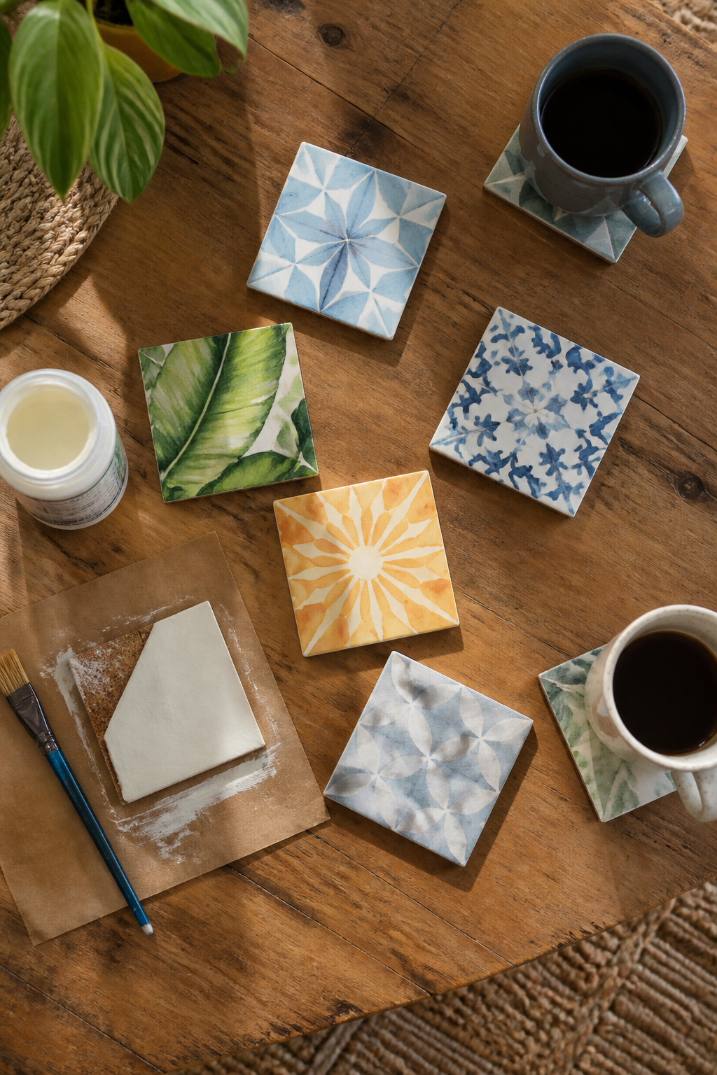 39 DIY Decor Ideas to Refresh Your Home for 2026 23 Tile coasters with cork backing on a table.