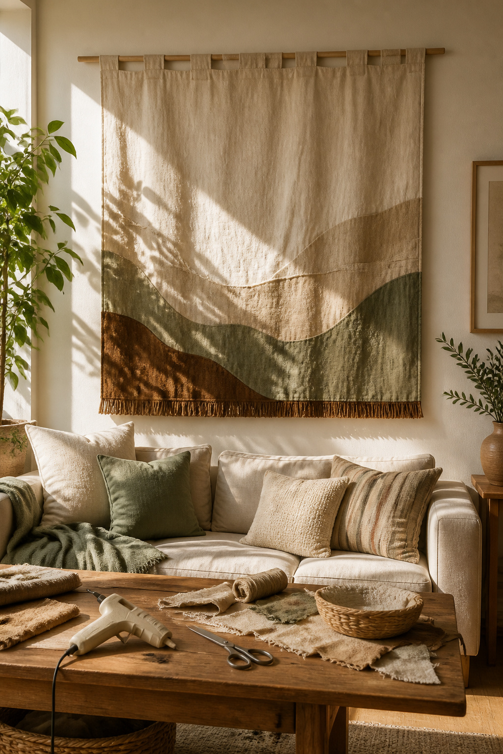 39 DIY Decor Ideas to Refresh Your Home for 2026 24 A fabric tapestry hanging above a sofa.