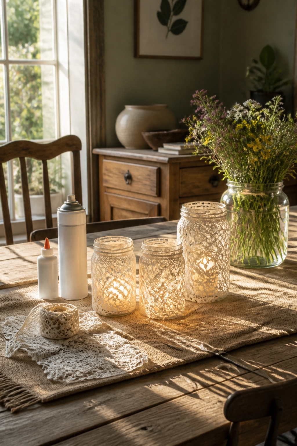 39 DIY Decor Ideas to Refresh Your Home for 2026 25 Lace-decorated mason jars with LED tea lights.