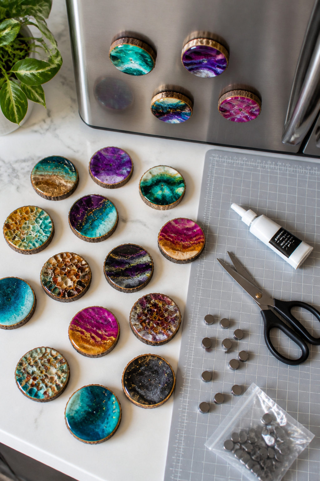 39 DIY Decor Ideas to Refresh Your Home for 2026 3 Homemade magnets on a refrigerator door.