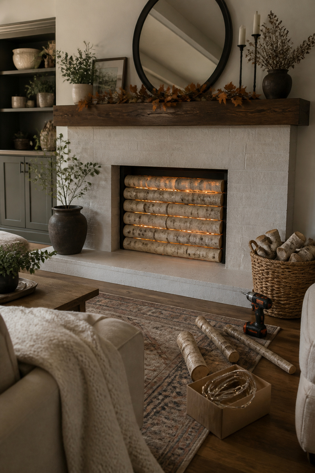 39 DIY Decor Ideas to Refresh Your Home for 2026 31 Stacked birch logs in a fireplace with LED lights.