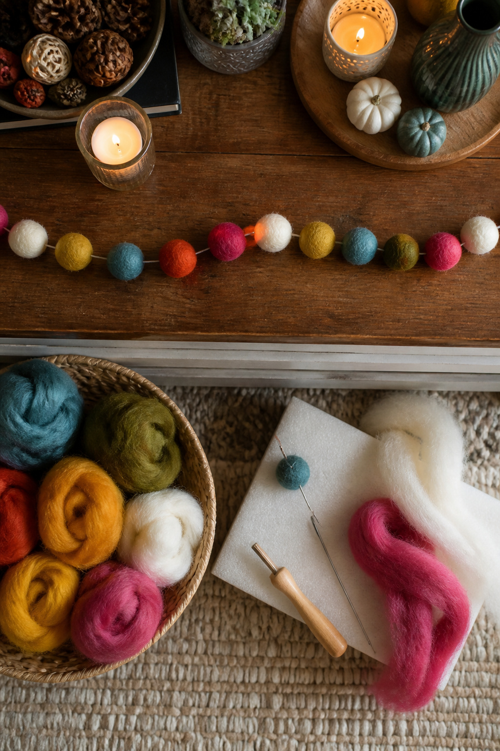 39 DIY Decor Ideas to Refresh Your Home for 2026 32 A garland made of colorful felt balls hanging.