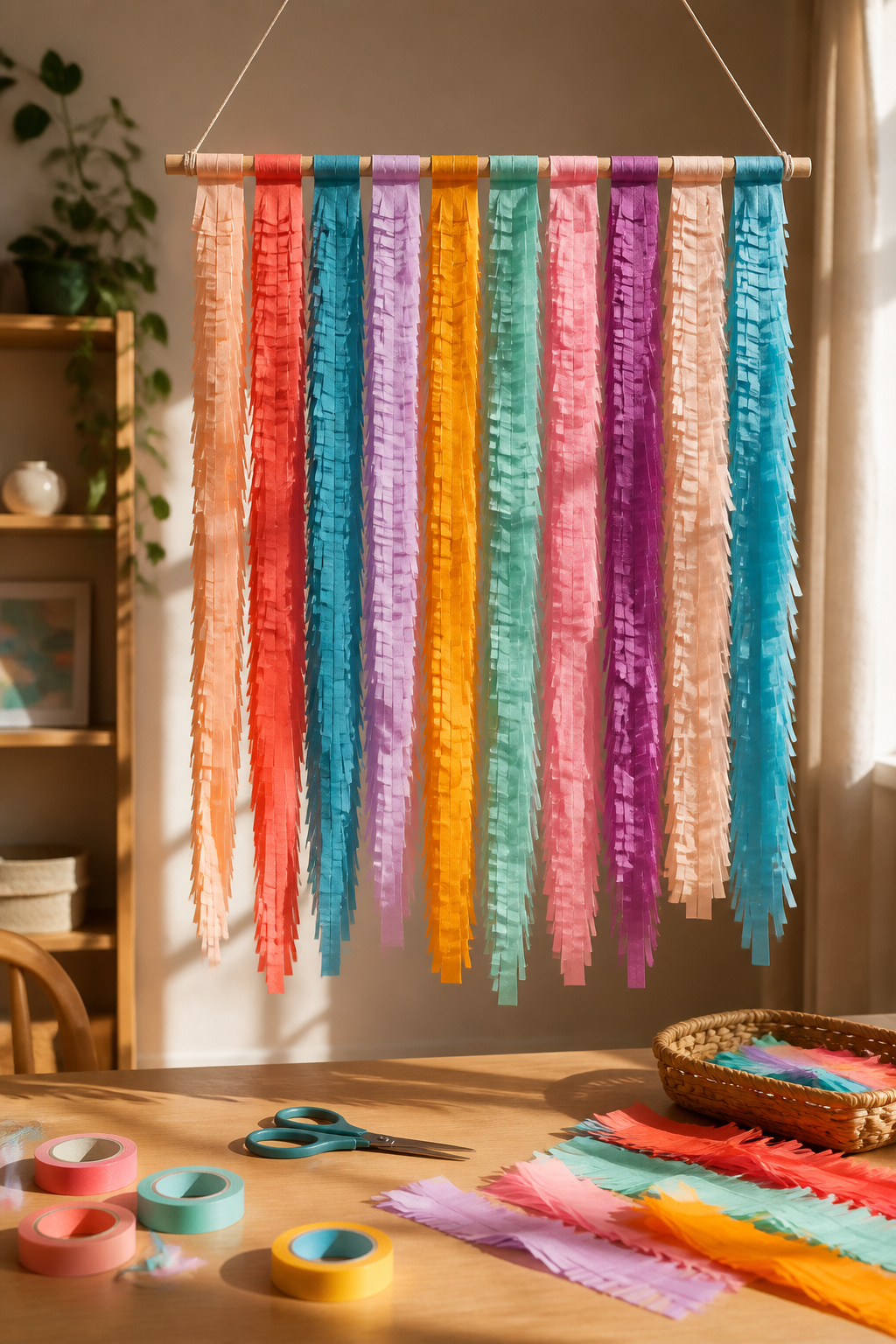 39 DIY Decor Ideas to Refresh Your Home for 2026 36 Crepe paper fringe hanging decoratively on a wall.