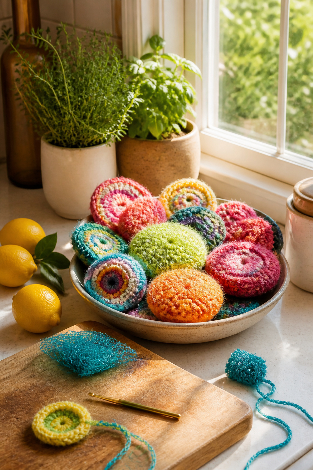 39 DIY Decor Ideas to Refresh Your Home for 2026 4 Colorful crocheted scrubbies in a dish on a windowsill.