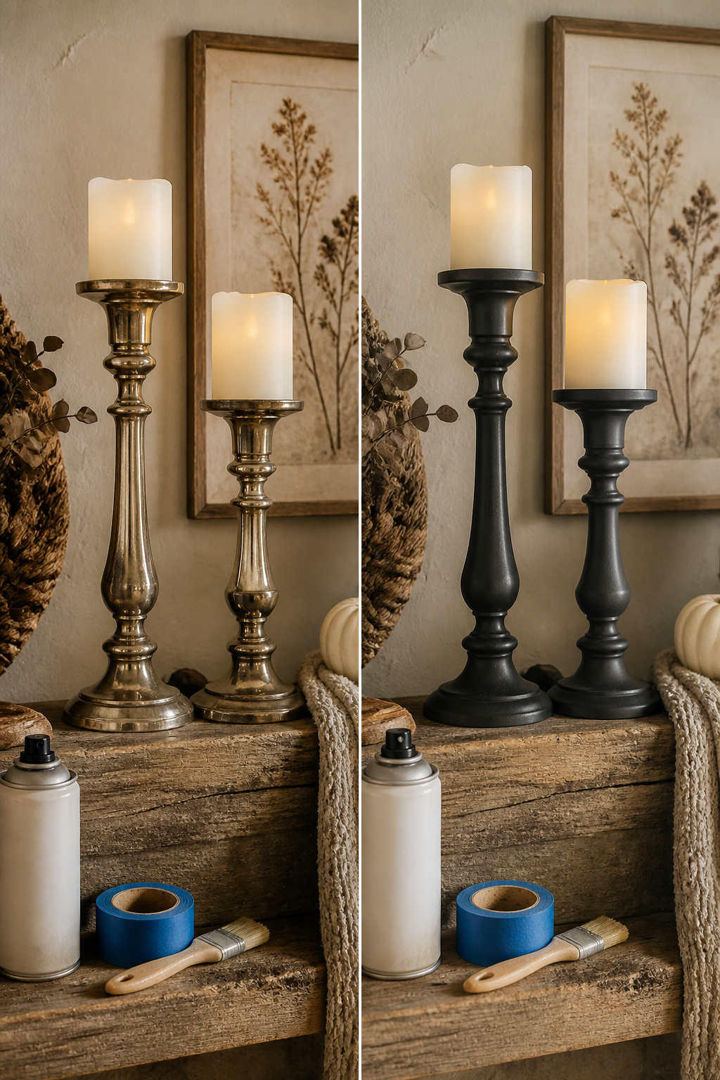 39 DIY Decor Ideas to Refresh Your Home for 2026 5 Brass candlesticks painted in different colors on a table.