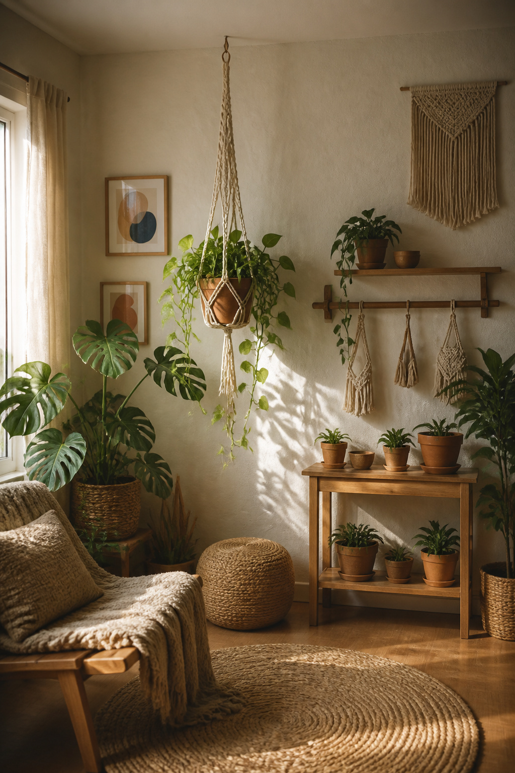 39 DIY Decor Ideas to Refresh Your Home for 2026 6 A macrame plant hanger holding a terracotta pot.