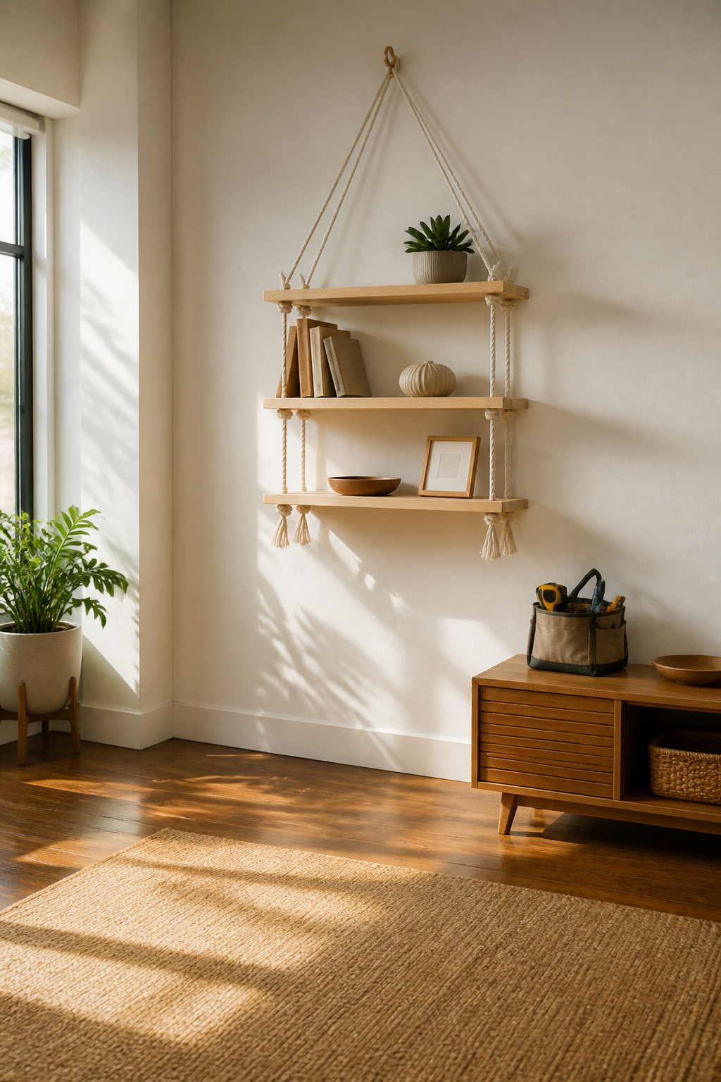 39 DIY Decor Ideas to Refresh Your Home for 2026 8 A hanging shelf made of wood and rope.