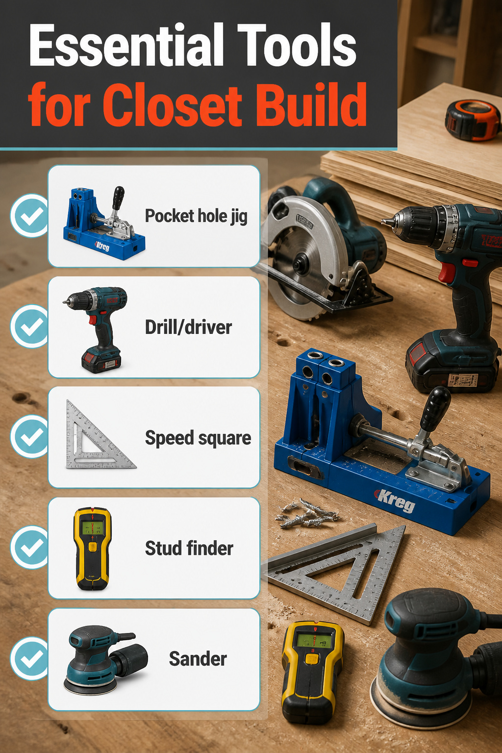 A collection of tools including a pocket hole jig and drill on a table.