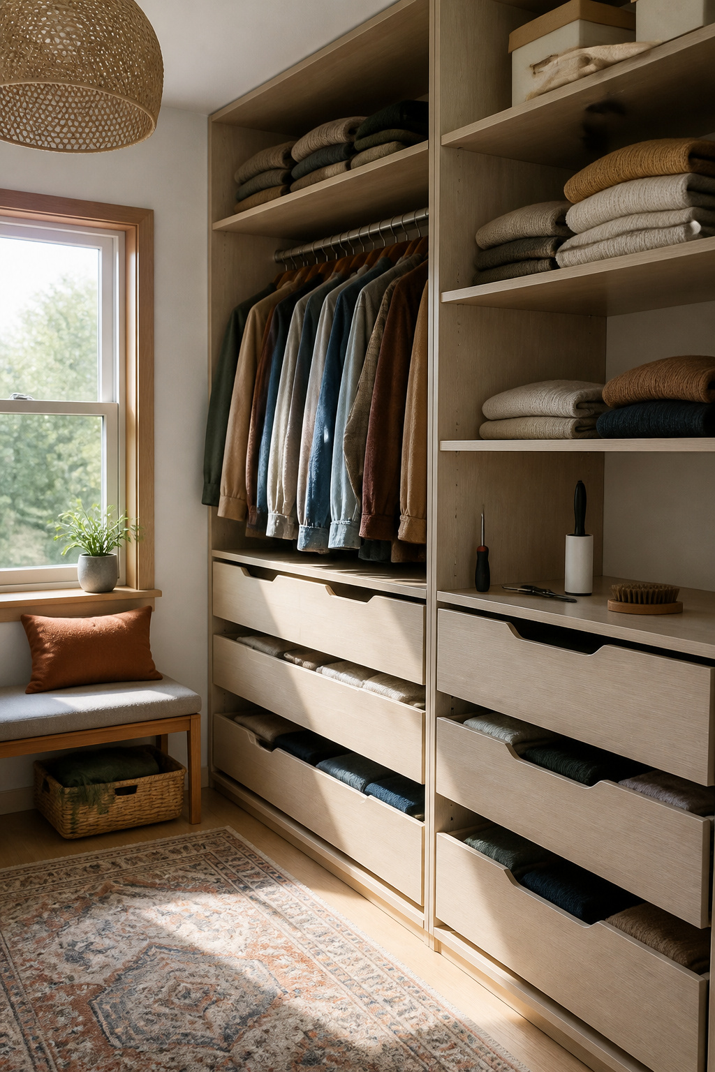 A tidy closet with drawers and a lint roller placed on a shelf.