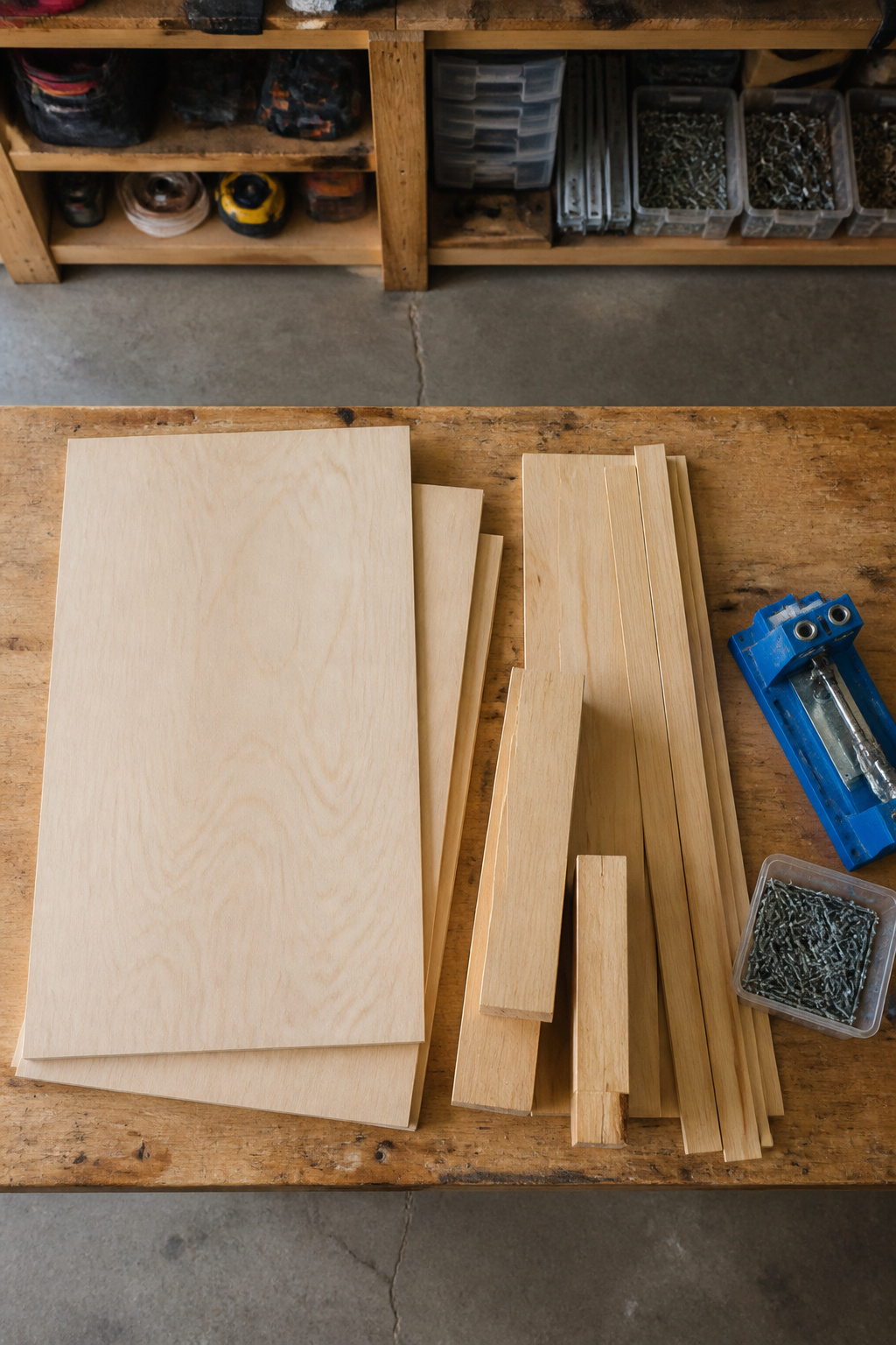 Three sheets of plywood and various tools arranged on a work table.