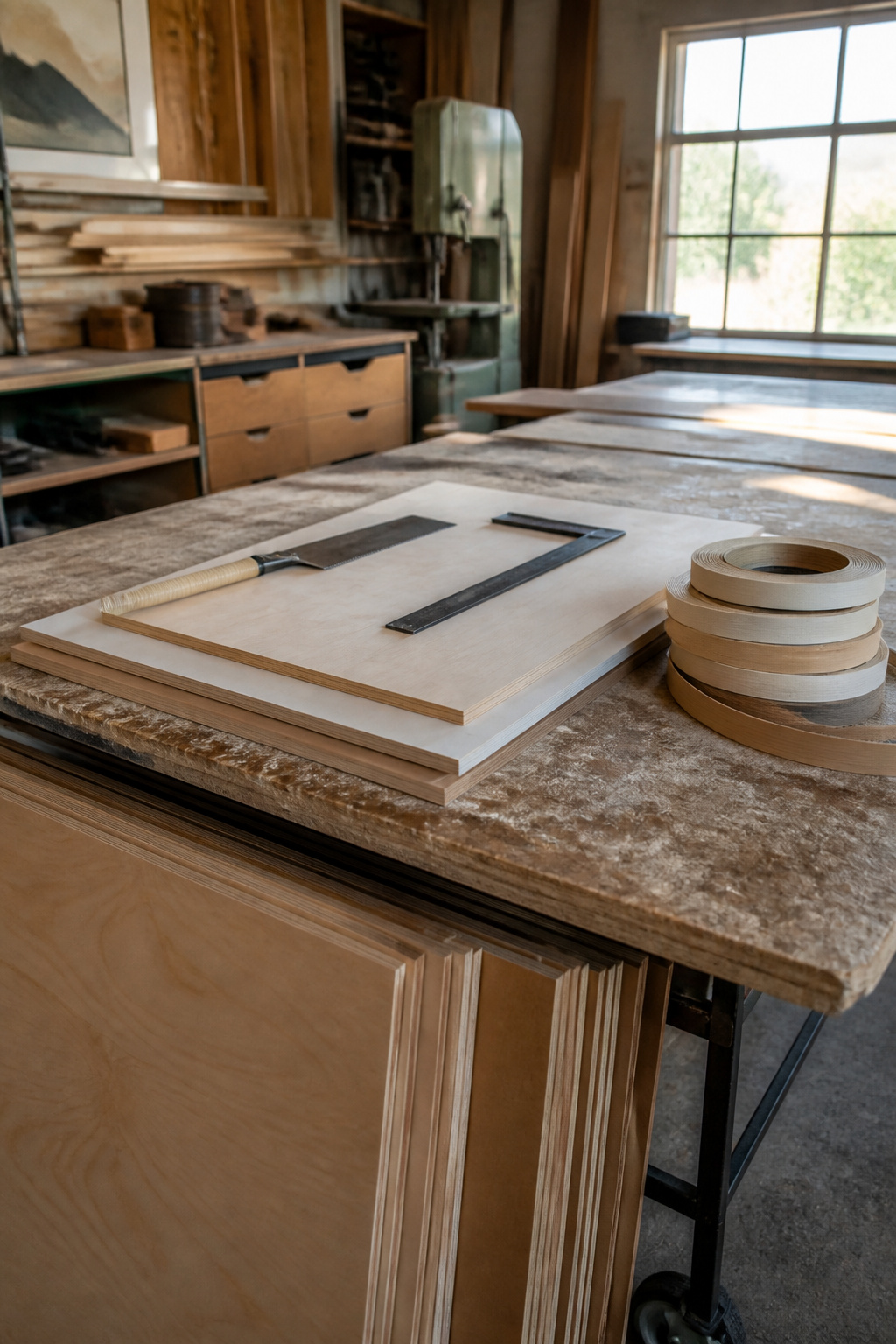 A work table covered in sawdust with plywood sheets and cutting tools.