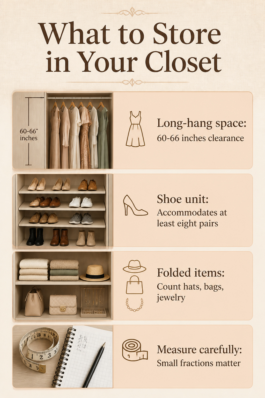 A closet with organized sections for long hang, double hang, and shoes.