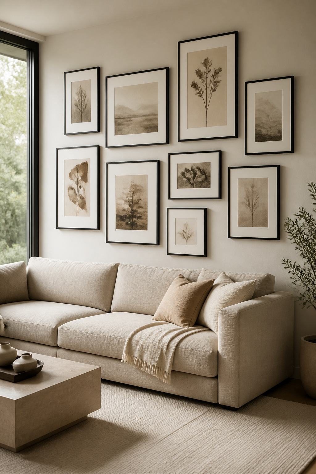 Gallery wall featuring black frames and sepia-toned prints.