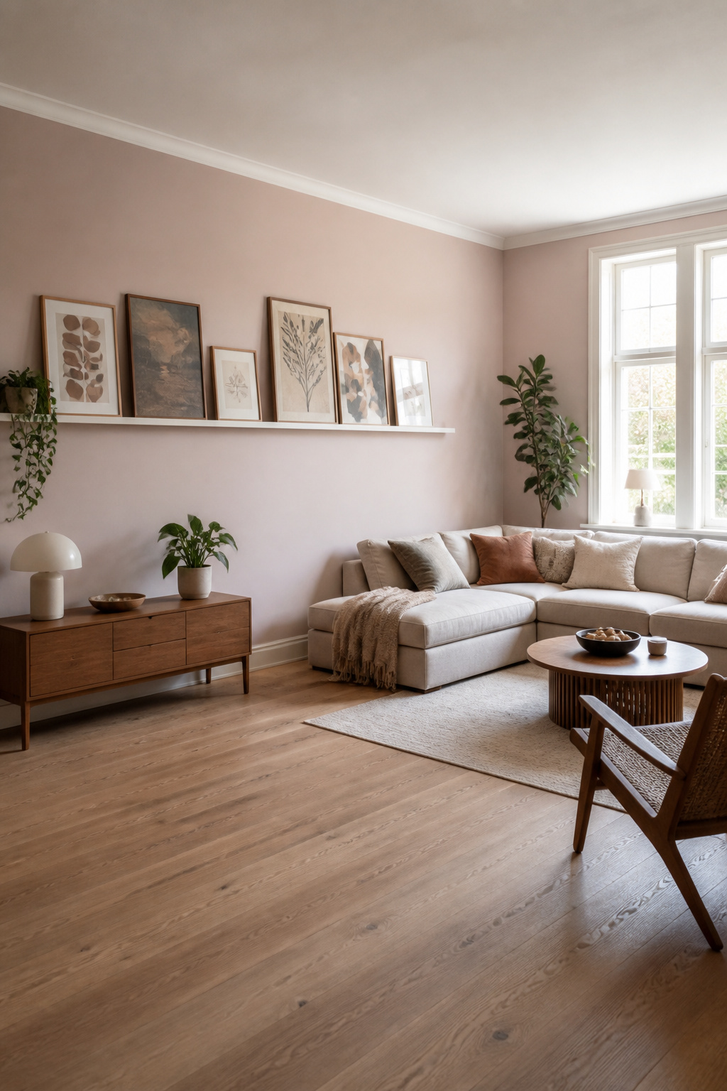 Picture rail with leaning frames arranged for easy rotation.