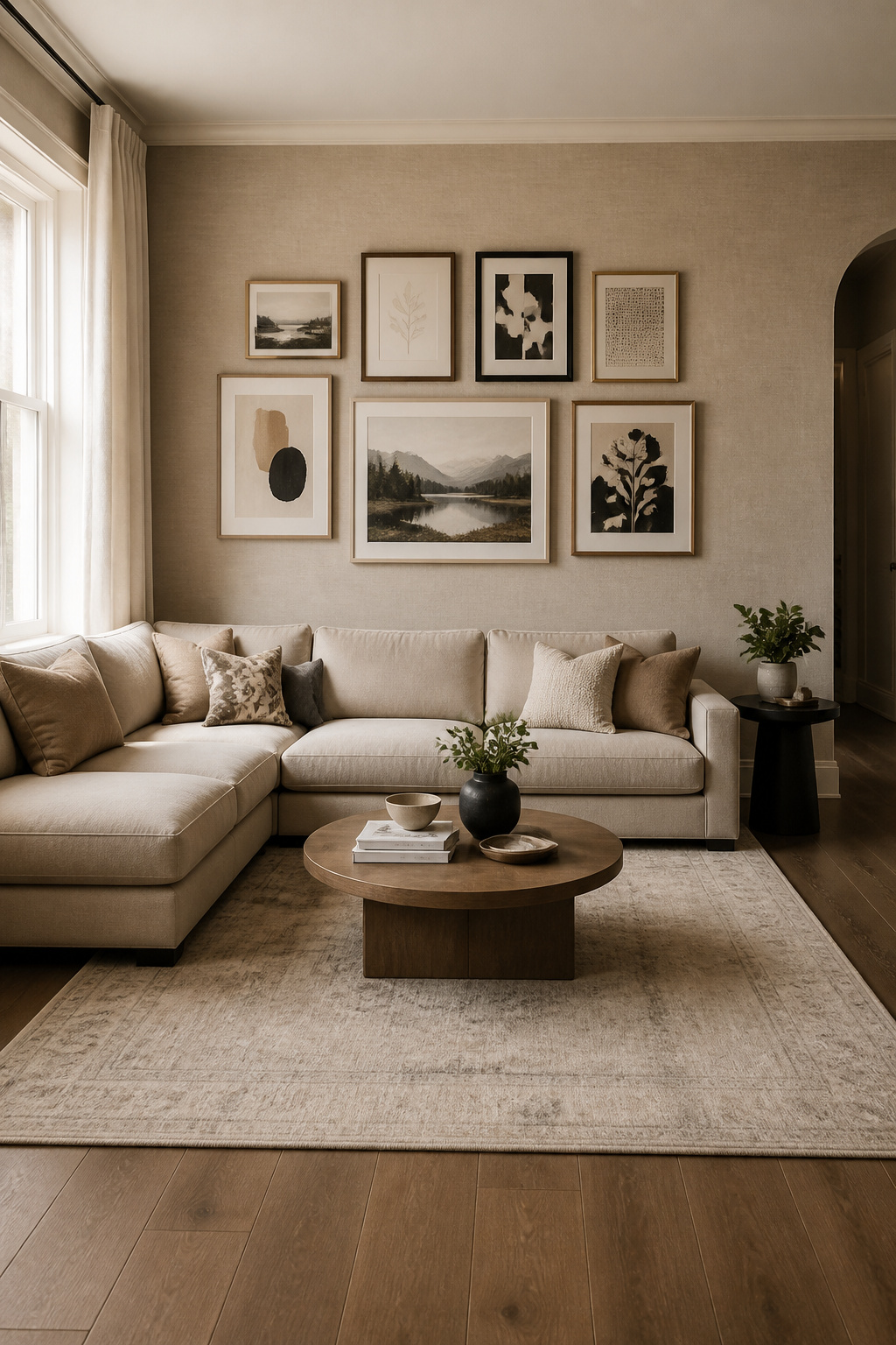 Gallery wall positioned above a sofa with proper spacing.