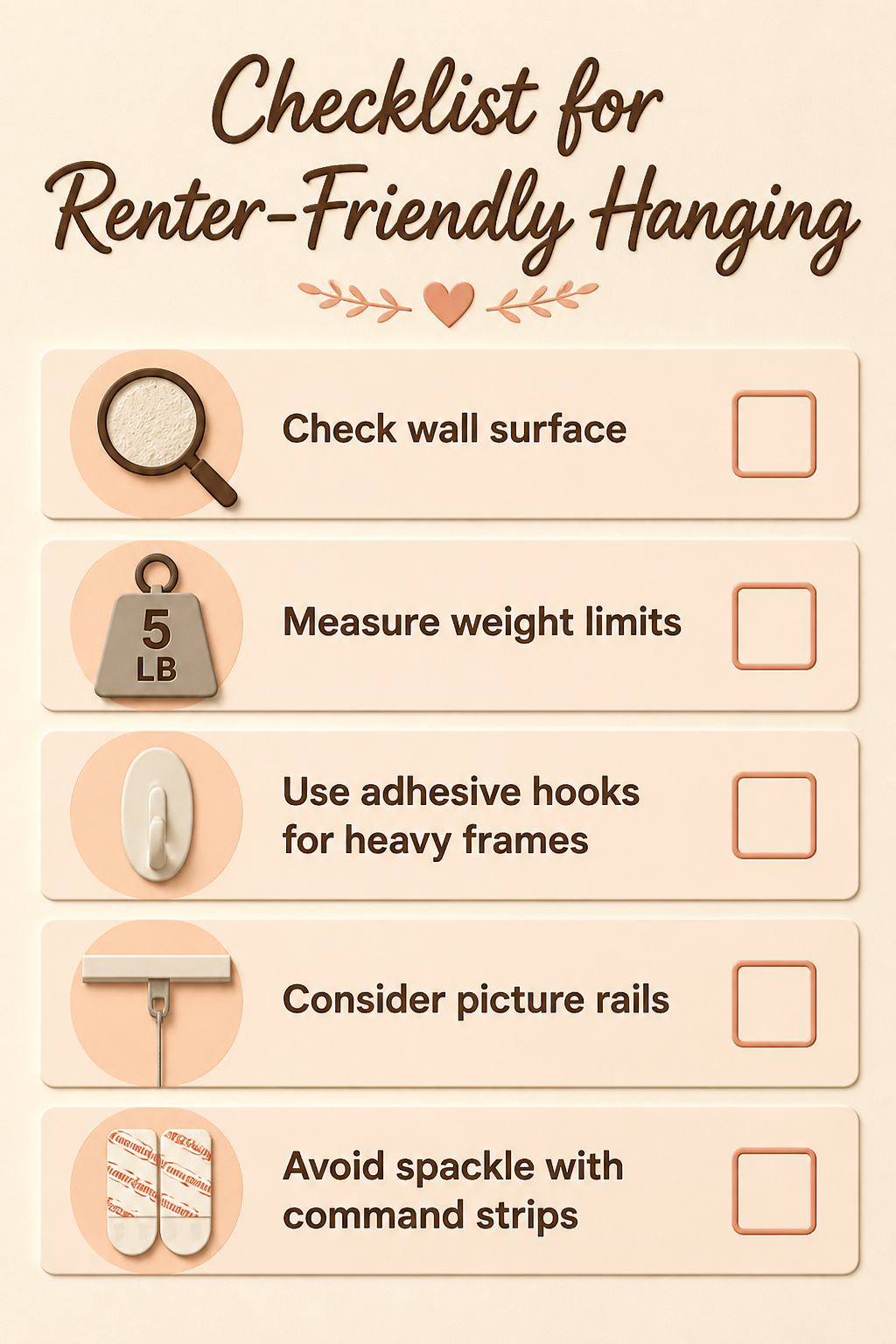 Checklist image for renter-friendly methods of hanging frames.