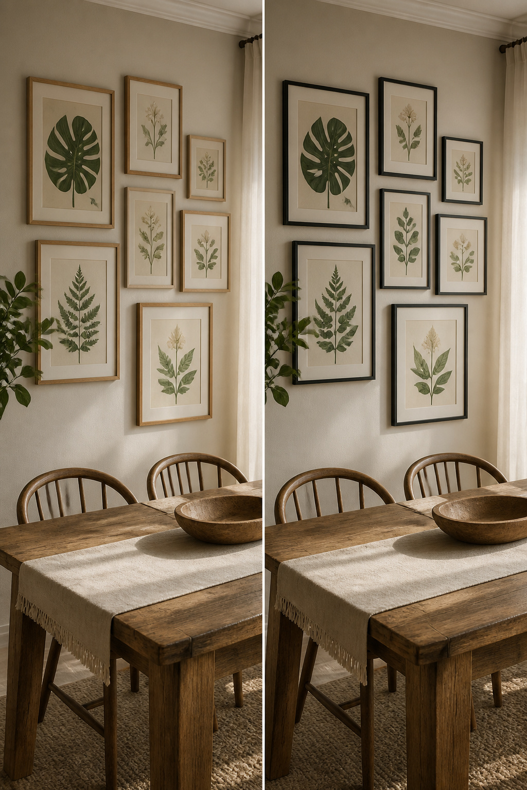 Gallery wall with botanical prints arranged in different frame sizes.