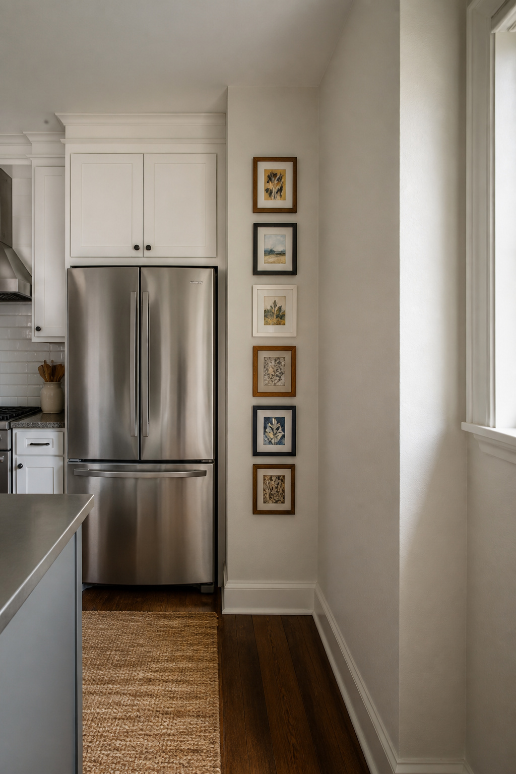 Vertical stack of small frames beside a refrigerator in a kitchen.