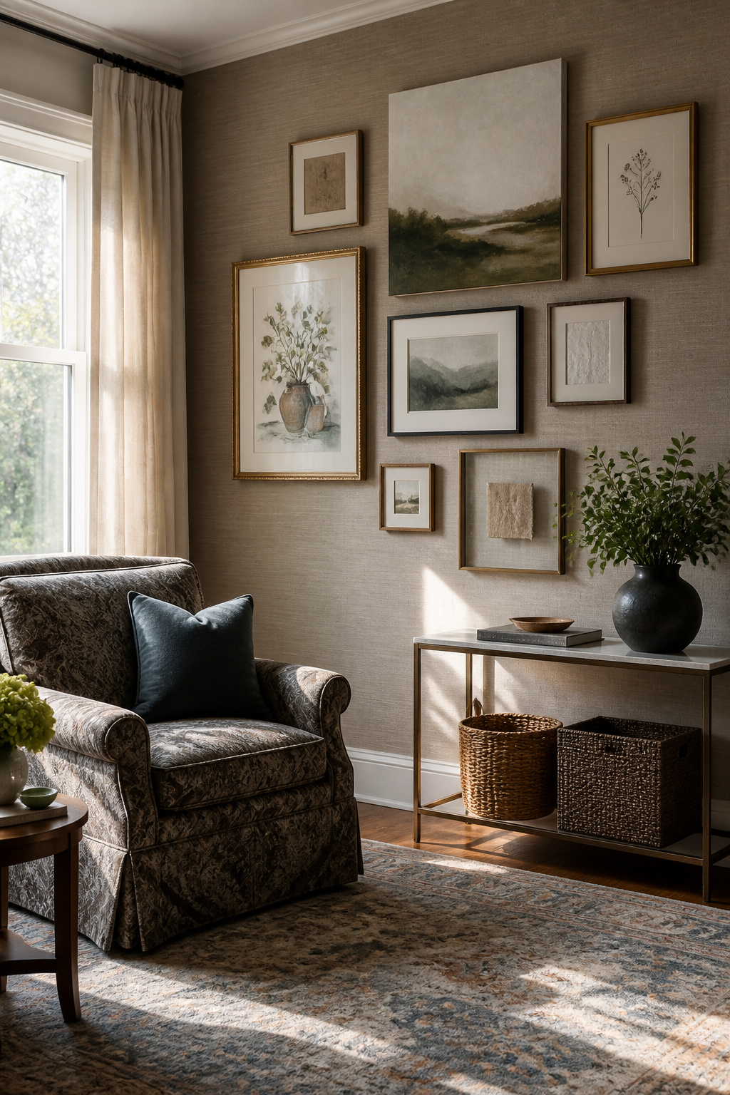 Gallery wall displaying watercolor paintings and glass frames in a sitting area.