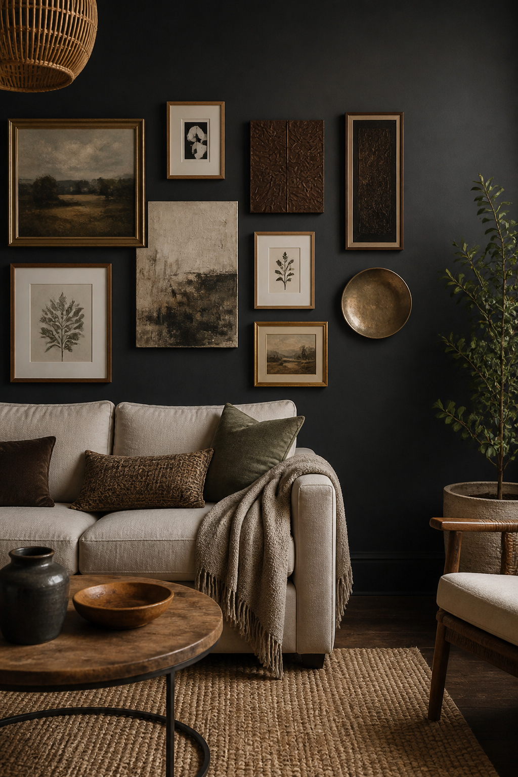Gallery wall featuring wooden frames, metal accents, and an unframed canvas.