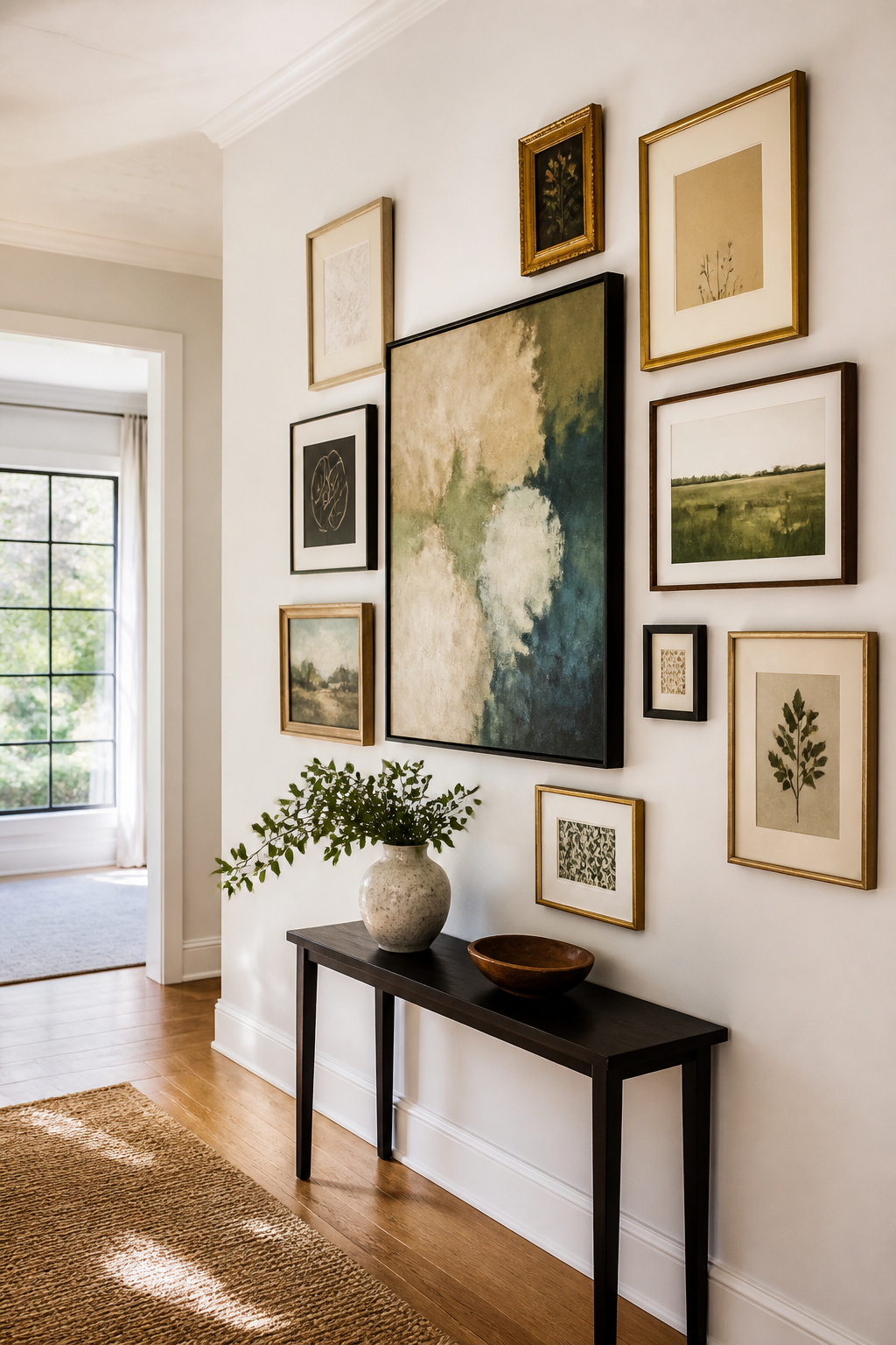 Asymmetrical gallery wall with a statement piece and various smaller frames.
