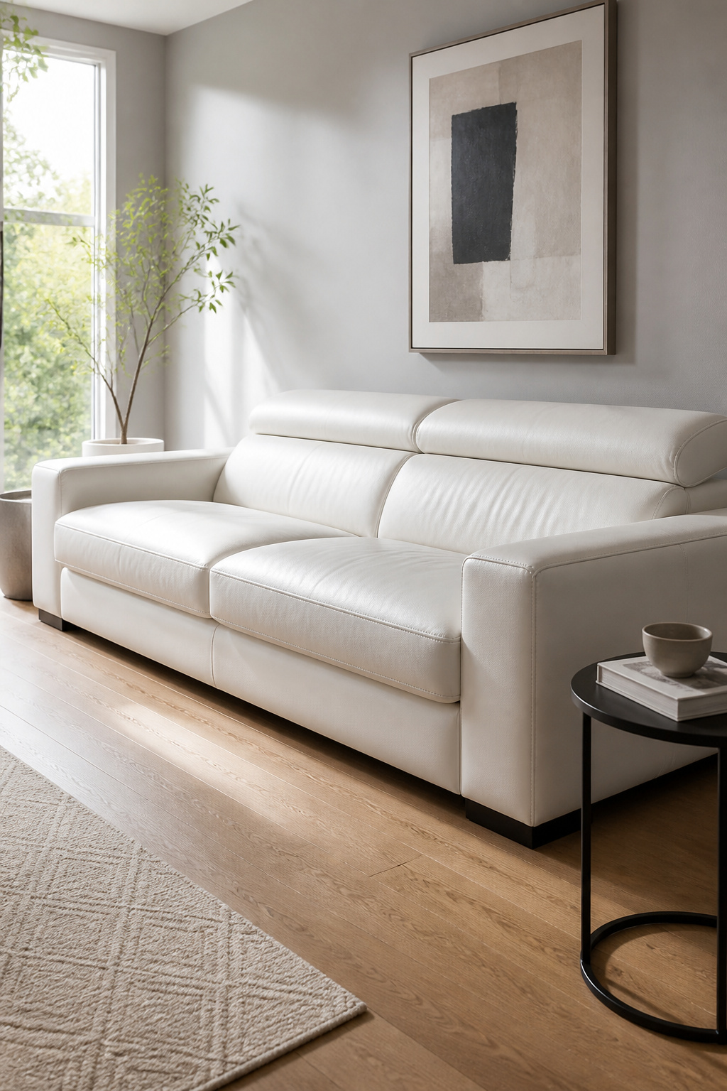 A white leather sofa positioned against a light gray wall.