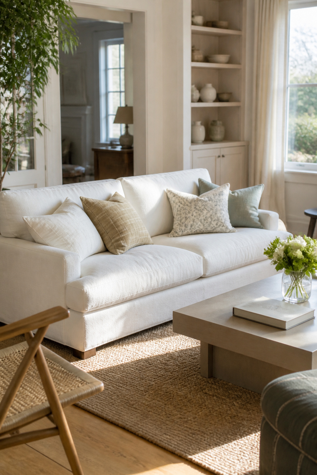 A white fabric couch with decorative pillows in a sunny room.