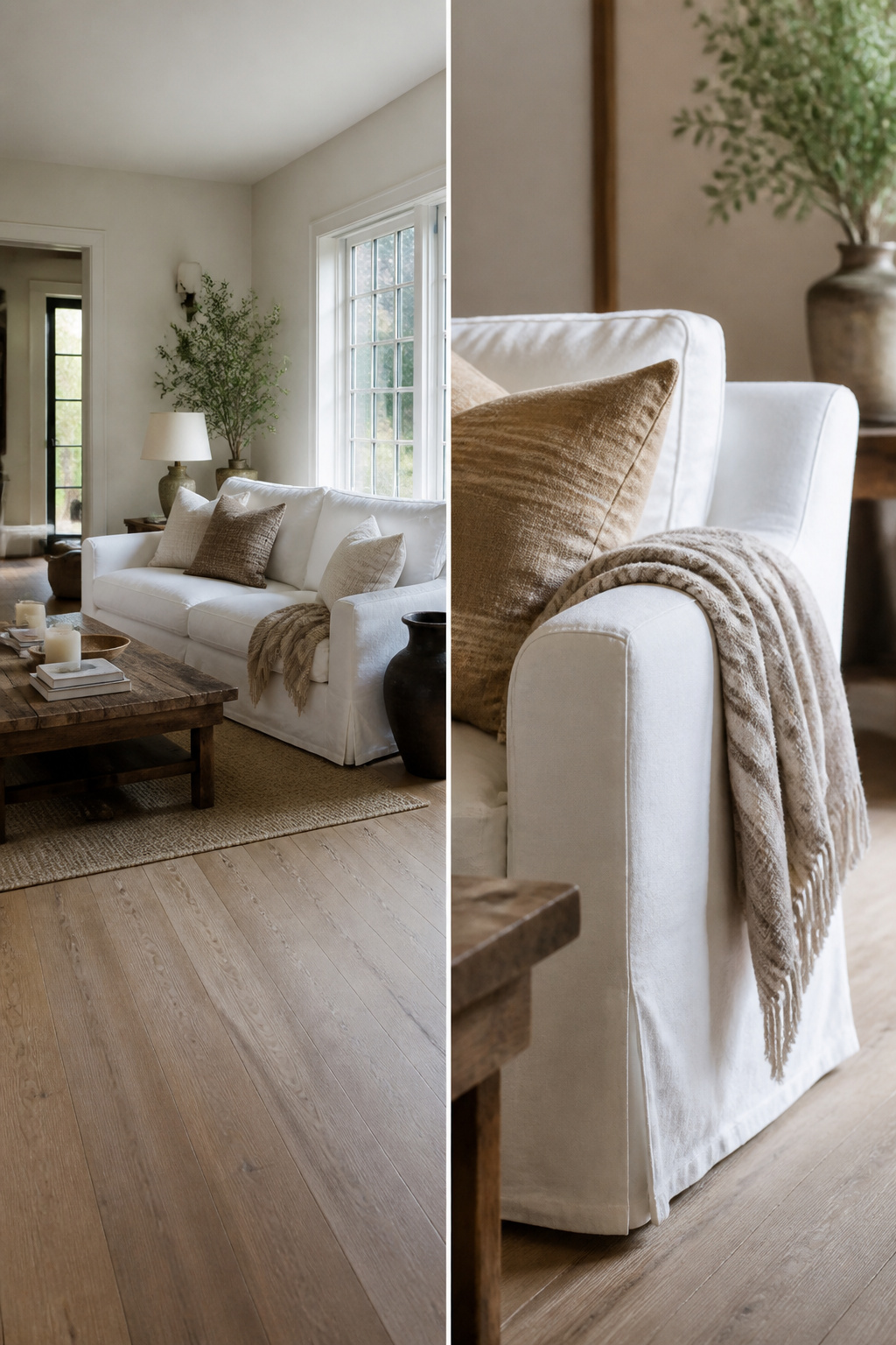 A white slipcovered sofa with removable covers in a living area.