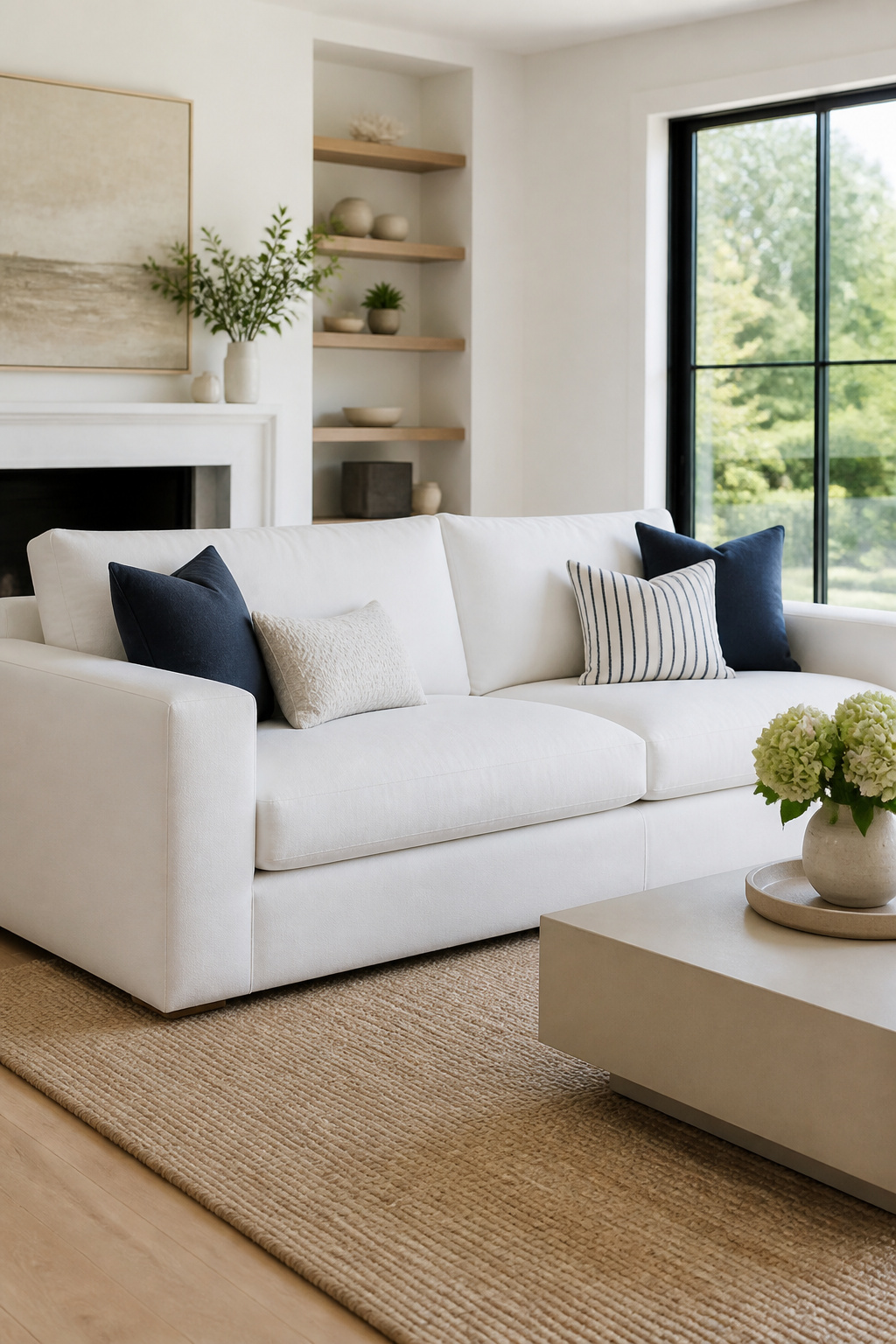 A white upholstered sofa with fixed upholstery and clean edges.