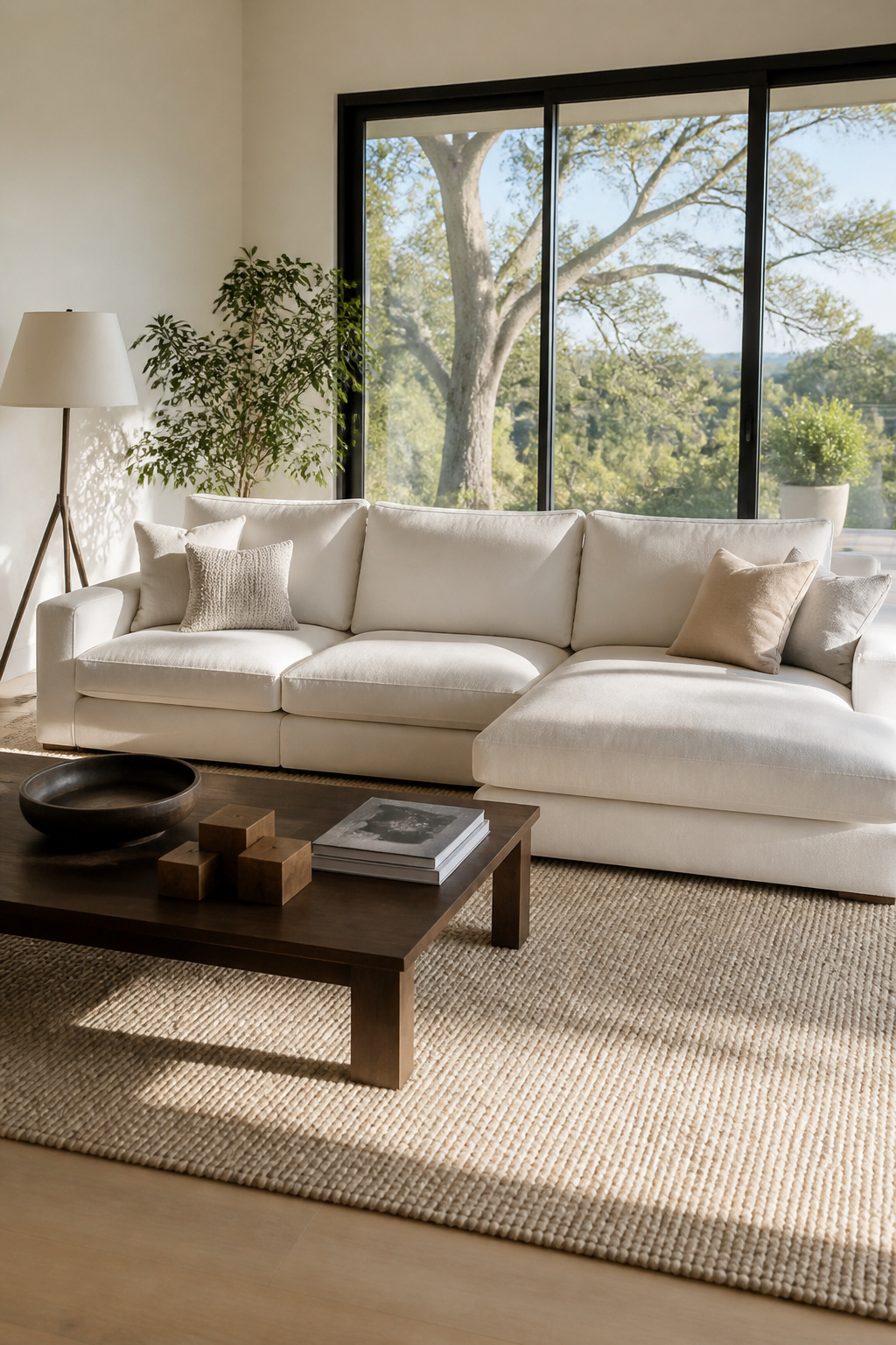 A white sofa made of performance fabric in a stylish setting.