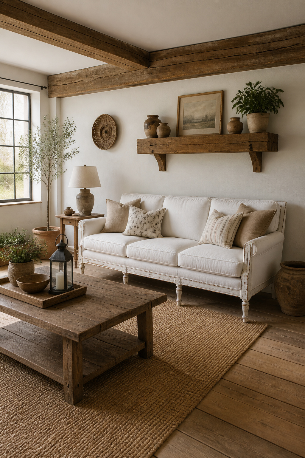 A rustic white sofa with a weathered wood frame.