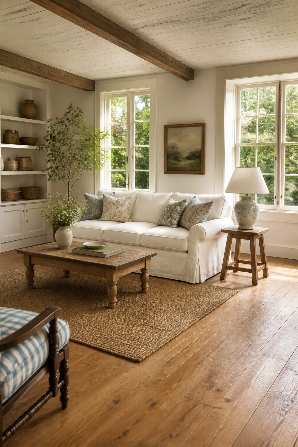 A white farmhouse sofa with a slipcover in a cozy living room.