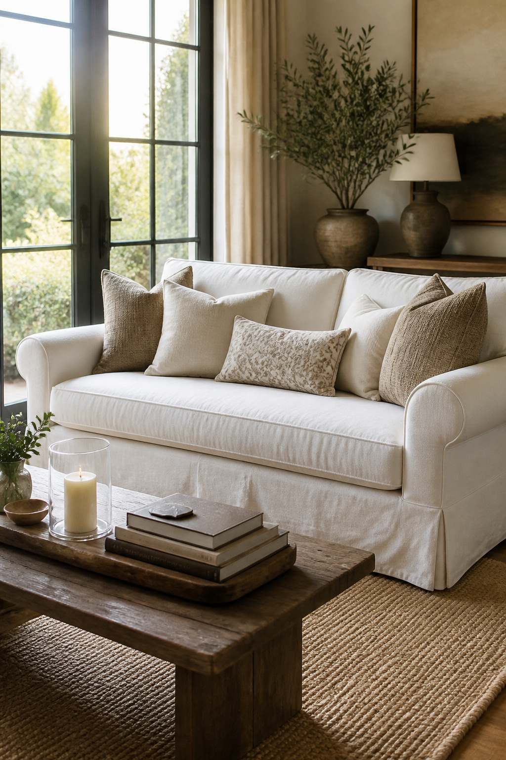 A traditional white sofa with rolled arms and a tailored skirt.