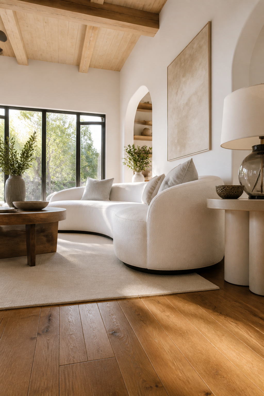 A curved white sofa with ample space around it.
