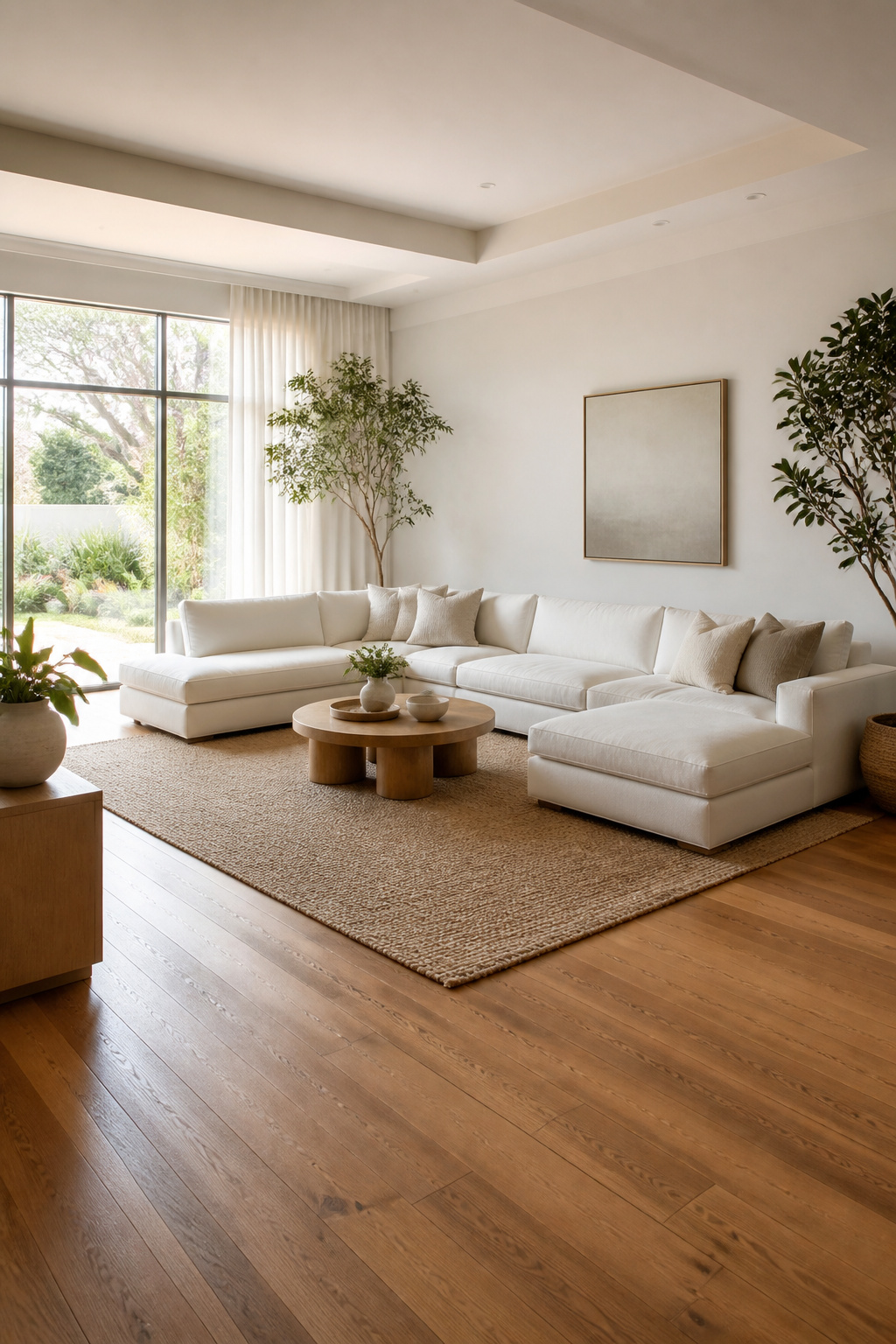 A white sectional sofa anchoring an open living space.