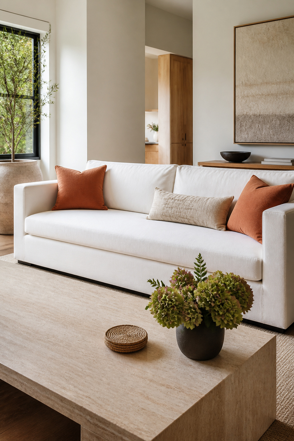 A white sofa featuring a seamless bench seat cushion.
