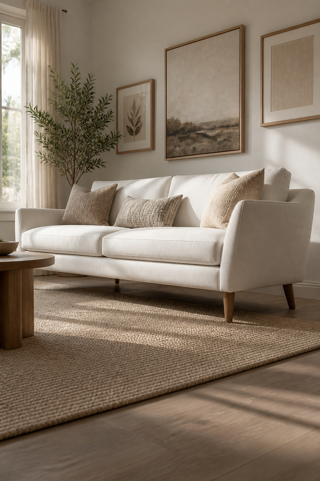 A white sofa with tapered legs in a modern living space.